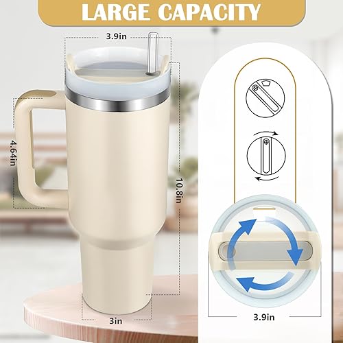 Miniatura 3 de Vaso aislado al vacío de acero inoxidable de 40 onzas con tapa y popote para agua, batidos y más, té helado o café (crema)
