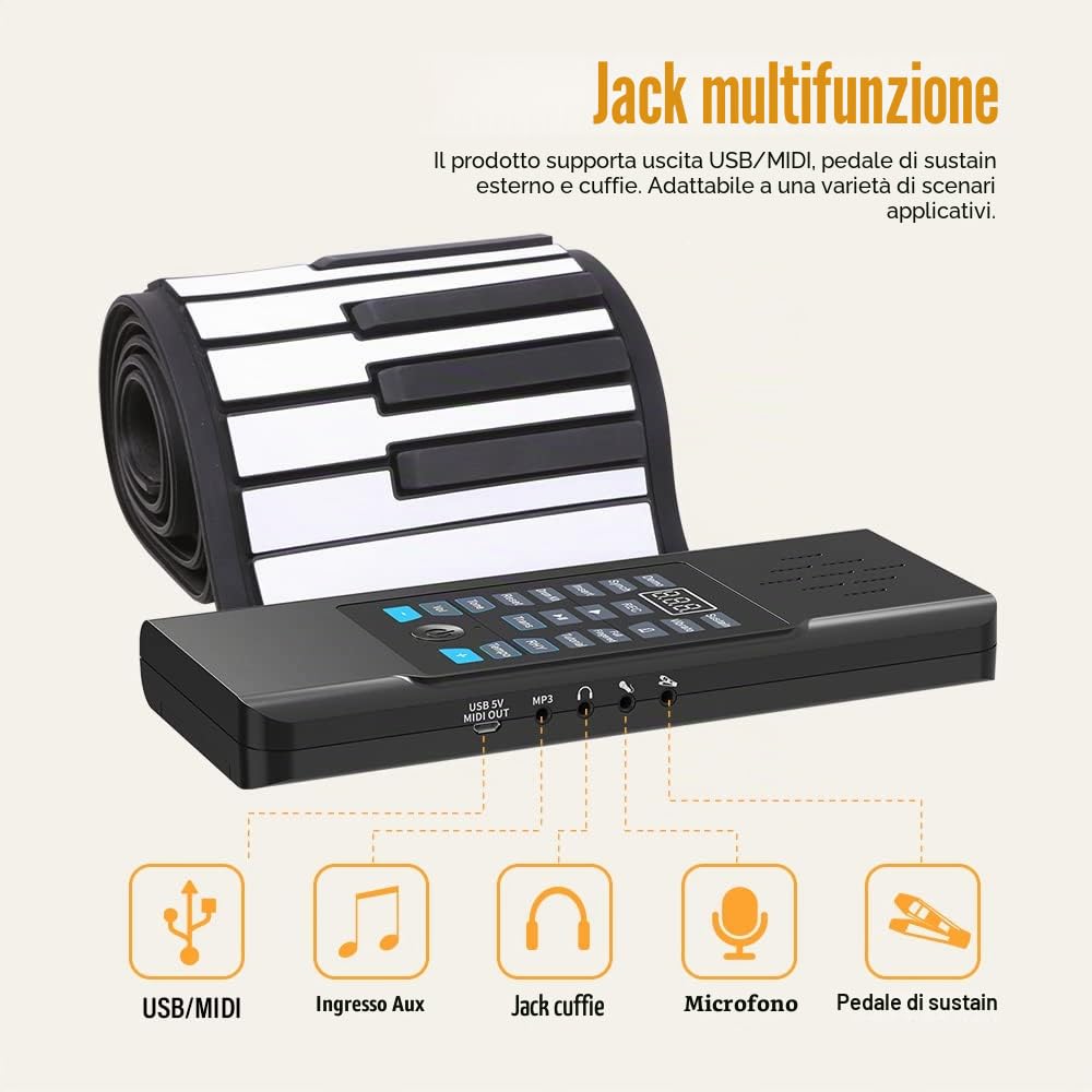 Pianoforte arrotolabile in silicone a 88 tasti, tastiera portatile ricaricabile con 128 toni e 128 ritmi, USB-MIDI, ingresso MP3 e jack per cuffie, ideale per principianti, pratica domestica e