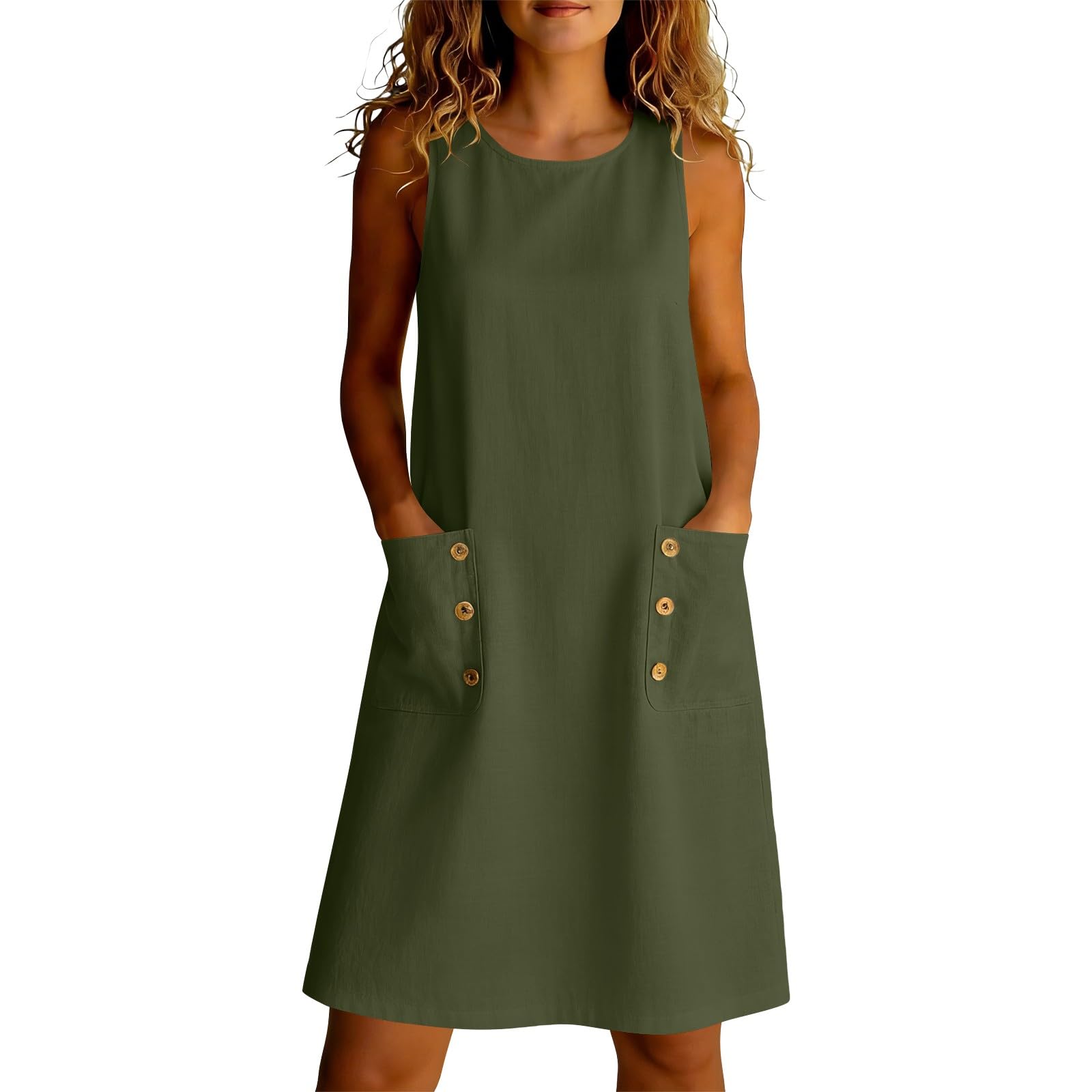 Generico Vestiti Donna Estivi Cotone e Lino Vestito Elegante Scollo Rotondo Casual Vestiti Manica Corta Traspirante Abito Largo con Tasche Abiti Mare Tinta Unita Fluidi Abito Curvy da Spiaggia
