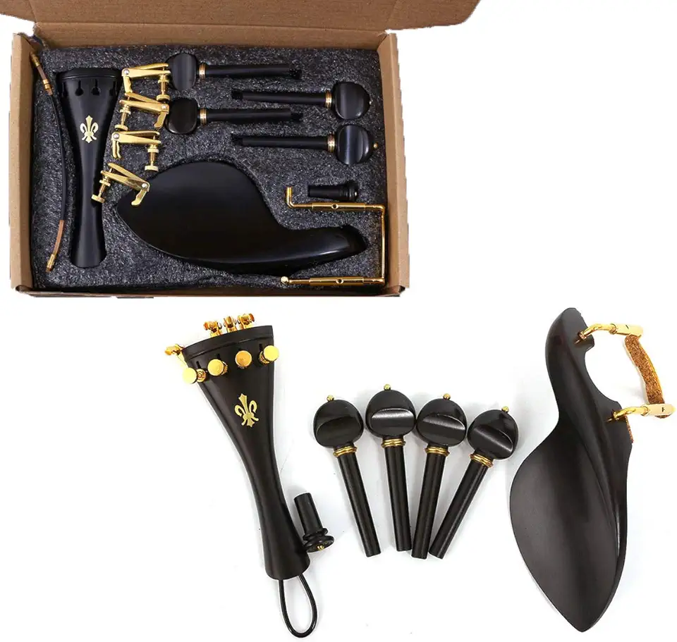 Yinfente Conjunto de acessórios de violino tamanho completo 4/4 – Inclui pinos de madeira de ébano, tailpiece fino, afinador, descanso de queixo, braçadeira e pino de extremidade - Qualidade premium