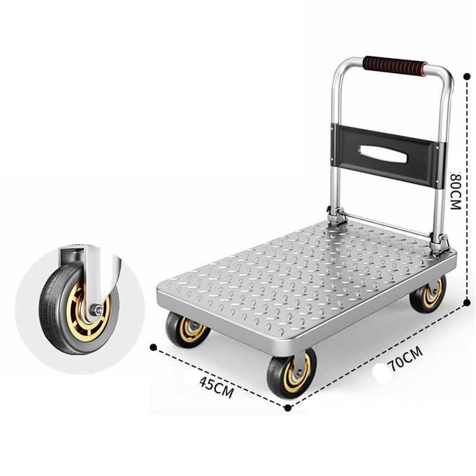 transportwagen Schwerlast-Plattformwagen, Flacher beweglicher Wagen, Handkarren, 450 kg, Stahl-Schiebewagen, 70 x 45 cm, mit 4-Zoll-Schwenkrädern