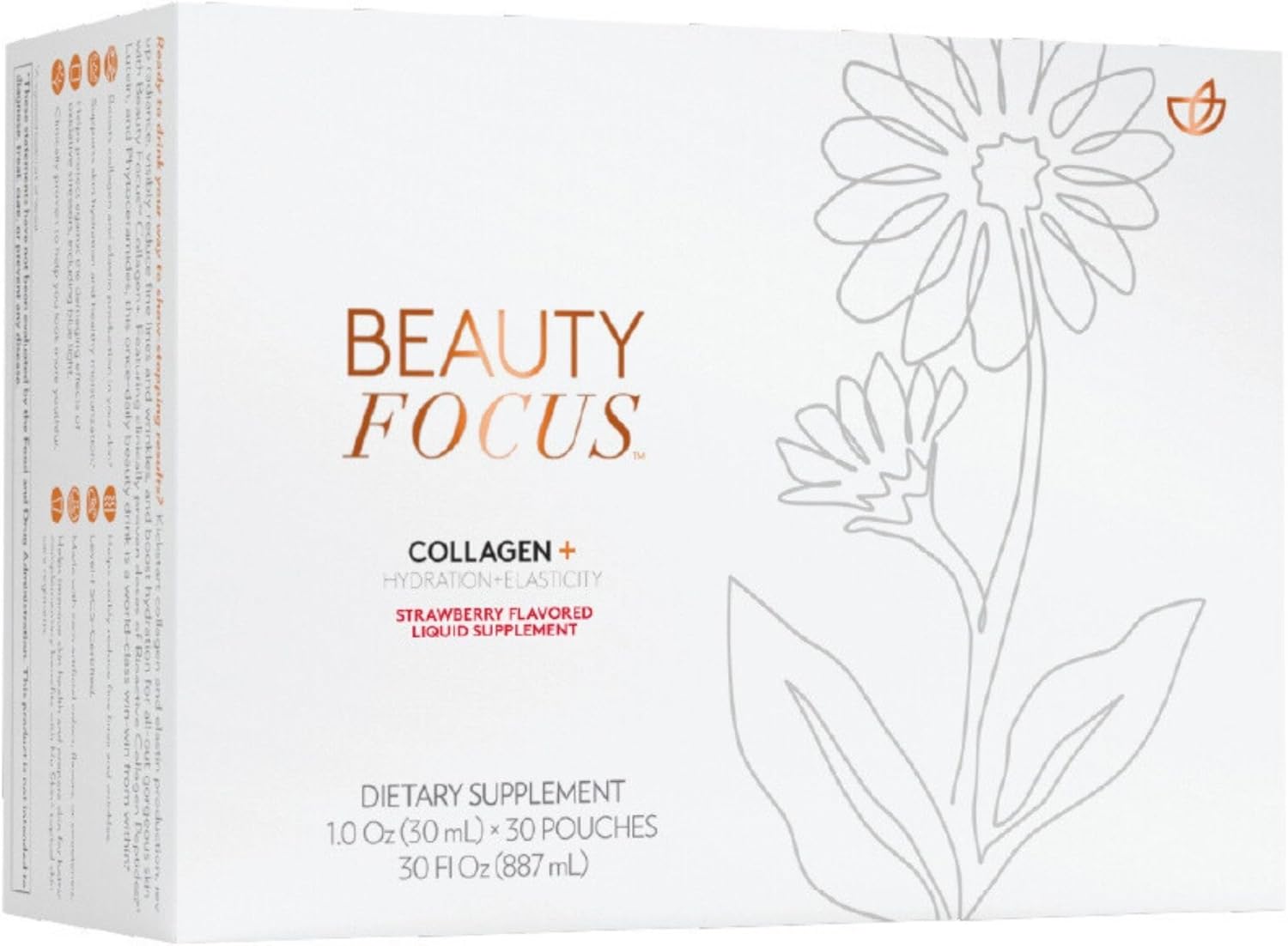 Nu Skin Beauty Focus Collagen+ | Marine Collagen Liquid Supplement with Lutein & Wheat Lipids | Supports Skin Hydration, Elasticity & Smooth Appearance | 30 Pouches | Strawberry