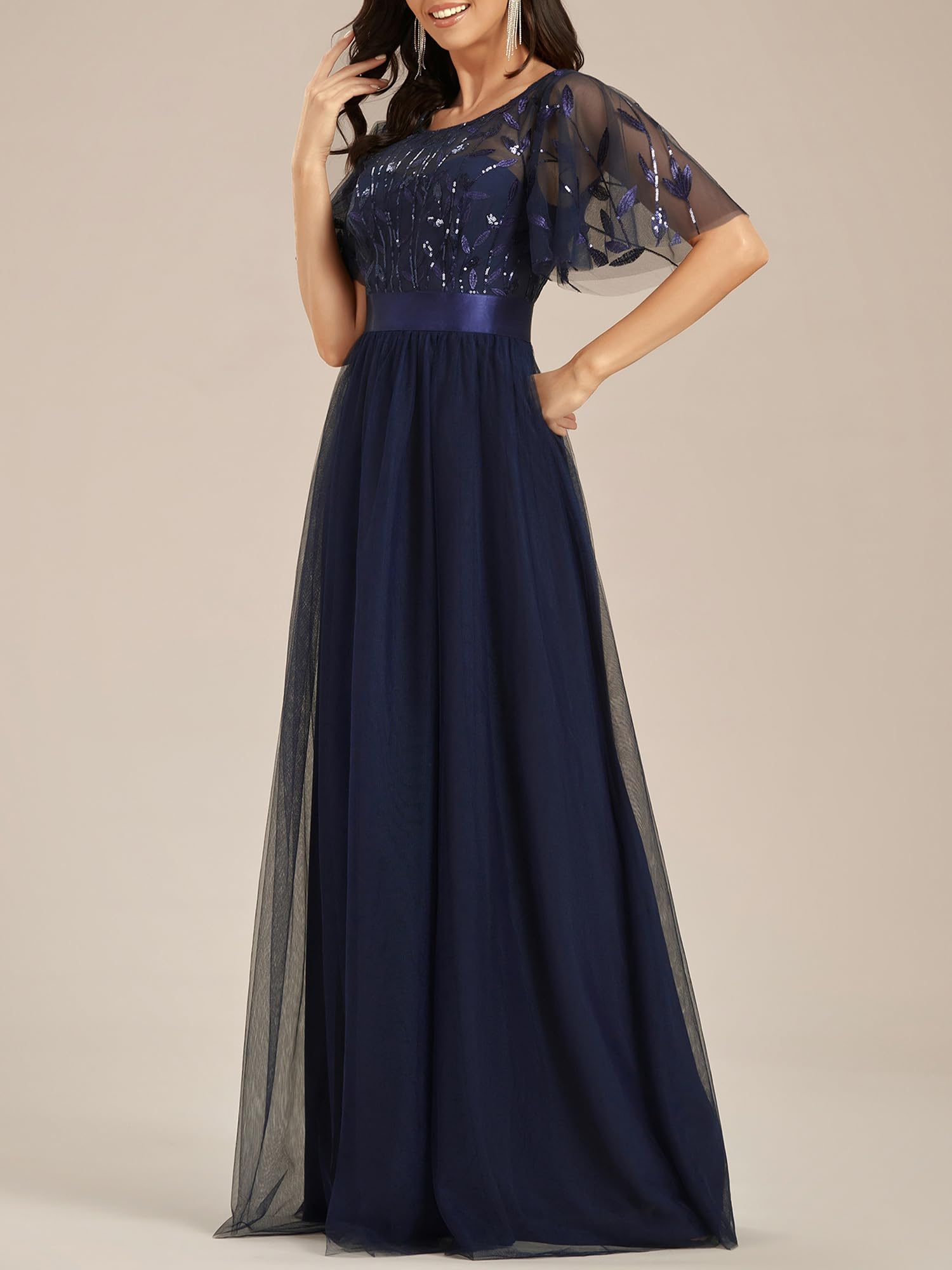 Ever-Pretty Damen Abendkleid A-Linie Spitze Kurze Ärmel Partykleid lang 00904