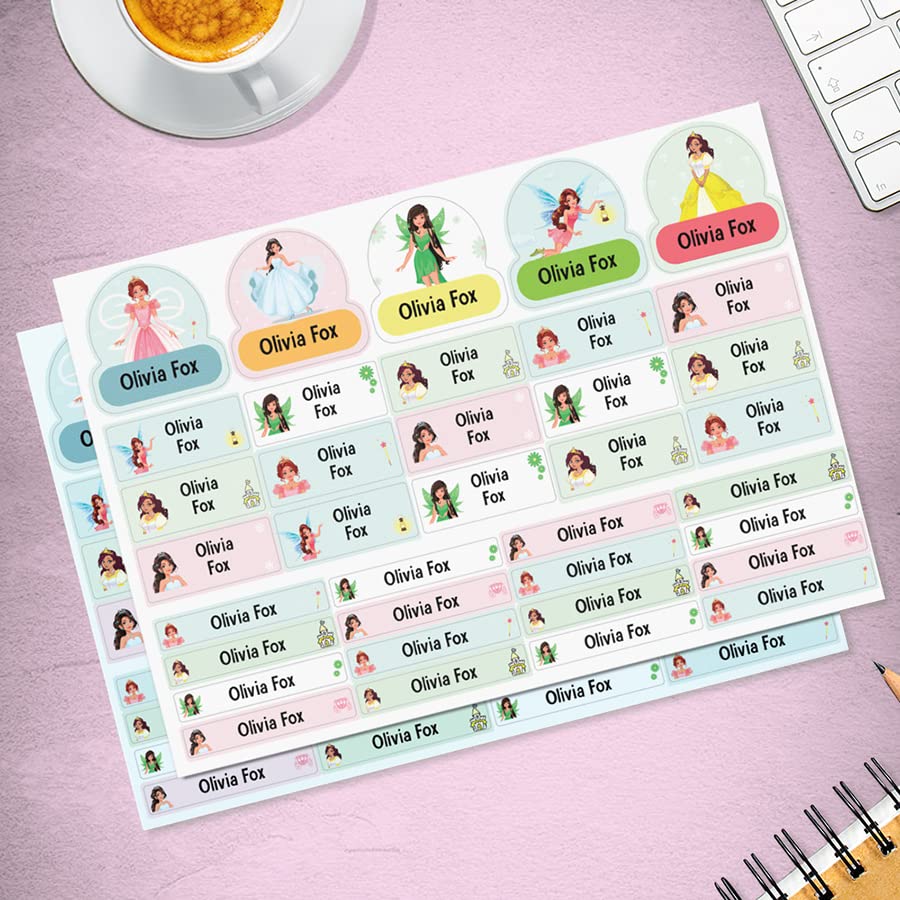 Pack of 36/72 Princess Kids School Labels Self Adhesive Waterproof Personalised Name Stickers for Water Bottles Nursery Papa Prints®