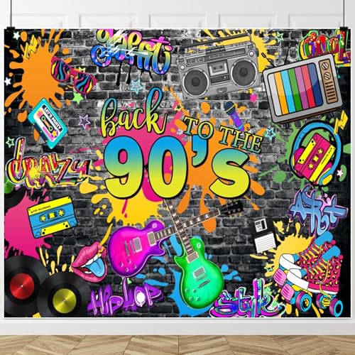 90s Backdrop 10x8ft for Photoshoot Hip Pop 90s Birthday Party Graffiti Wall Retro Radio Roller Skates Disco Rock Music Photography Background 90s Theme Birthday Party Decorations Banner