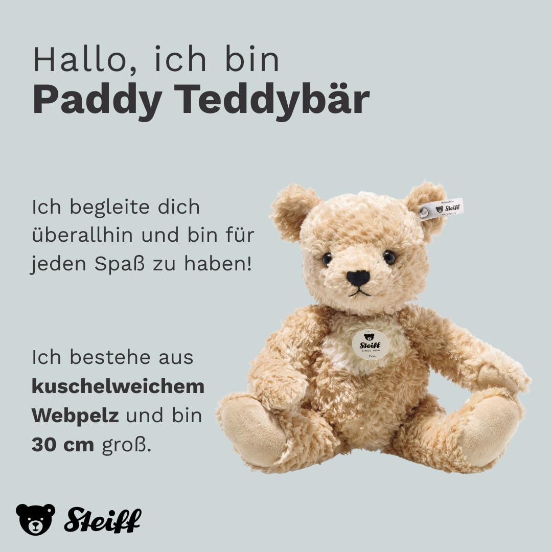 Steiff Kuscheltier Paddy Teddybär, Süßes Stofftier mit Kunststoffaugen, Kinder, Jungen & Mädchen, Plüschtier 30 cm, Hellbraun, 014253