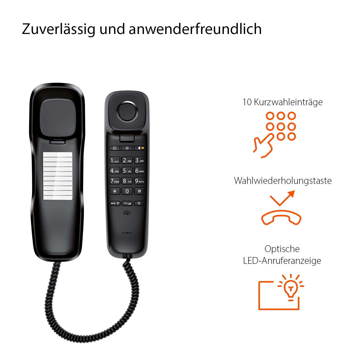 Gigaset DA210 - Schnurgebundenes Telefon mit elastischem Kabel - Platz für 10 Kurzwahleinträge - Wahlwiederholung - hörgerätekompatibel - einstellbare Tonrufmelodie und Lautstärke, anthrazit