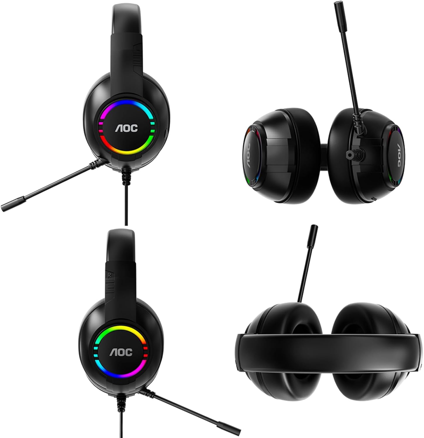 AOC Gaming Headset, Black Wired Gaming Headphones with 50mm Drivers, RGB USB Corded Headphone for PC/Laptops, Over Ear Headset with Mic for PS4/PS5/NS Switch(Docked Mode), ACG2510