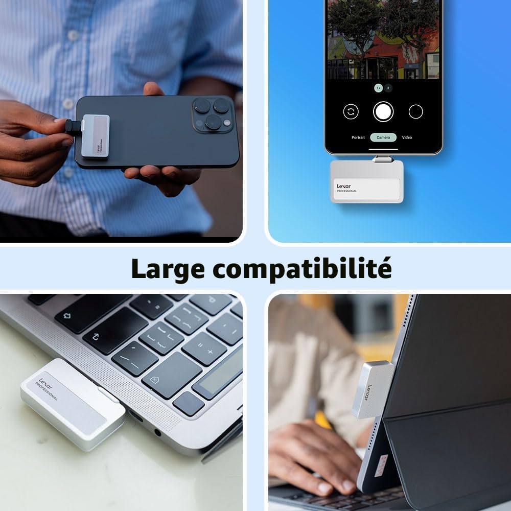 Lexar Professional Go Portable SSD 2To USB 3.2 Gen 2 IP65 1050MB/s Lecture 1000MB/s Écriture Argent