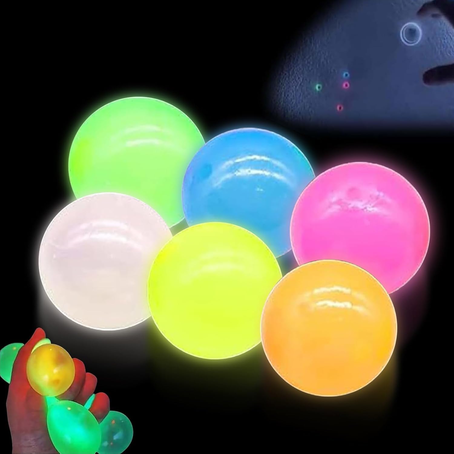6Pcs Sticky Balls Ceiling Glow, Glorb Balls in The Dark Fidget Toys, Night Stress Balls for Adults, Fluorescent Sticky Wall Balls for Kids, Stress Relief Sensory Toys Cool Stuff for Bedrooms