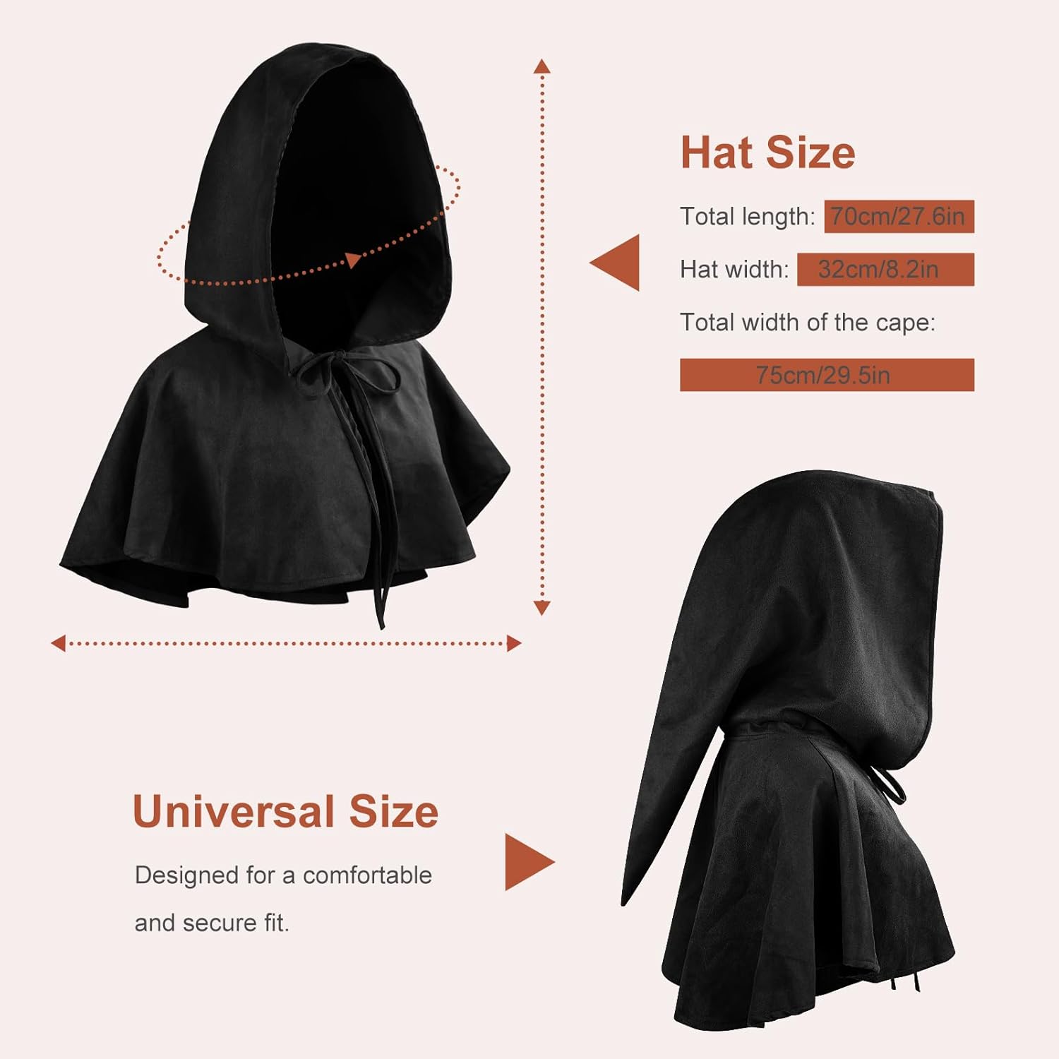 Medieval Cowl Hood for Women Men, Short Witch Cape, Velvet Hooded Cloak with Tie Closure for Halloween Cosplay Costume - Image 6