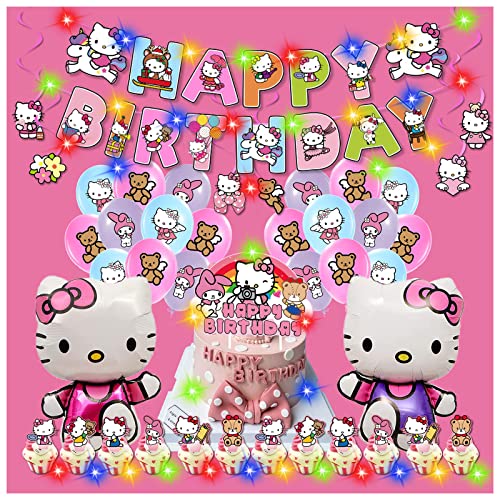 Héllo Kïtty Ballon Joyeux Anniversaire Decoration Kit,Happy Birthday Decoration Anniversaire Fille Avec Lumière Led,Héllo Kïtty Joyeux Anniversaire Banderole,Guirlande Joyeux Anniversaire Homme Cover