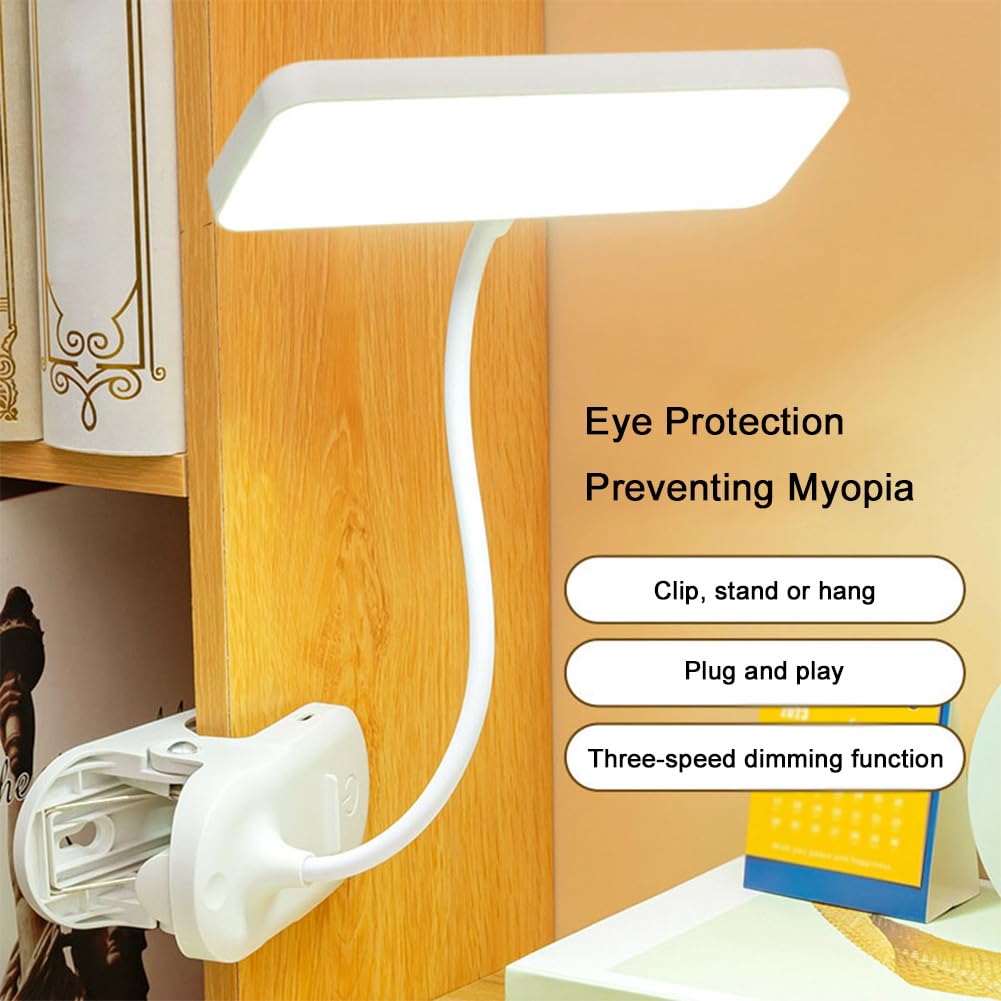 GVANCA Desk Lamp 3 Color Modes LED Reading Light with Clamp Gooseneck Book Light for Kids at Night Clip (White)