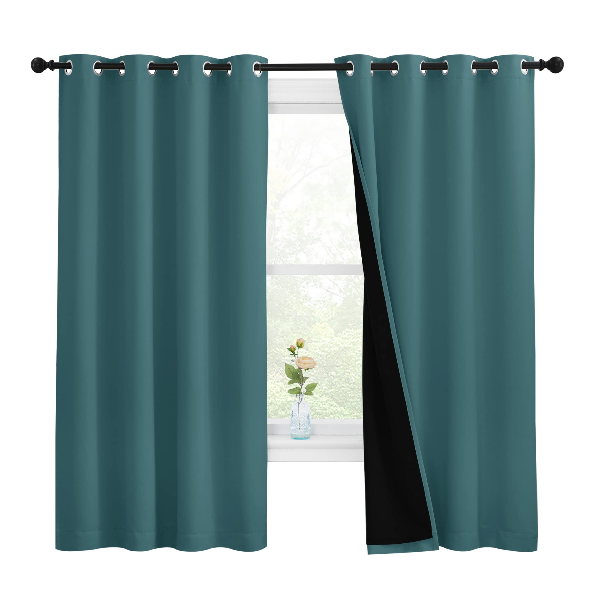 NICETOWN 100% Blackout Curtain Panels, Thermal Insulated Black Liner Curtains for Nursery Room, Noise Reducing and Cold Blocking Drapes for Windows (Set of 2, Sea Teal, 55-inch Wide by 68-inch Long)