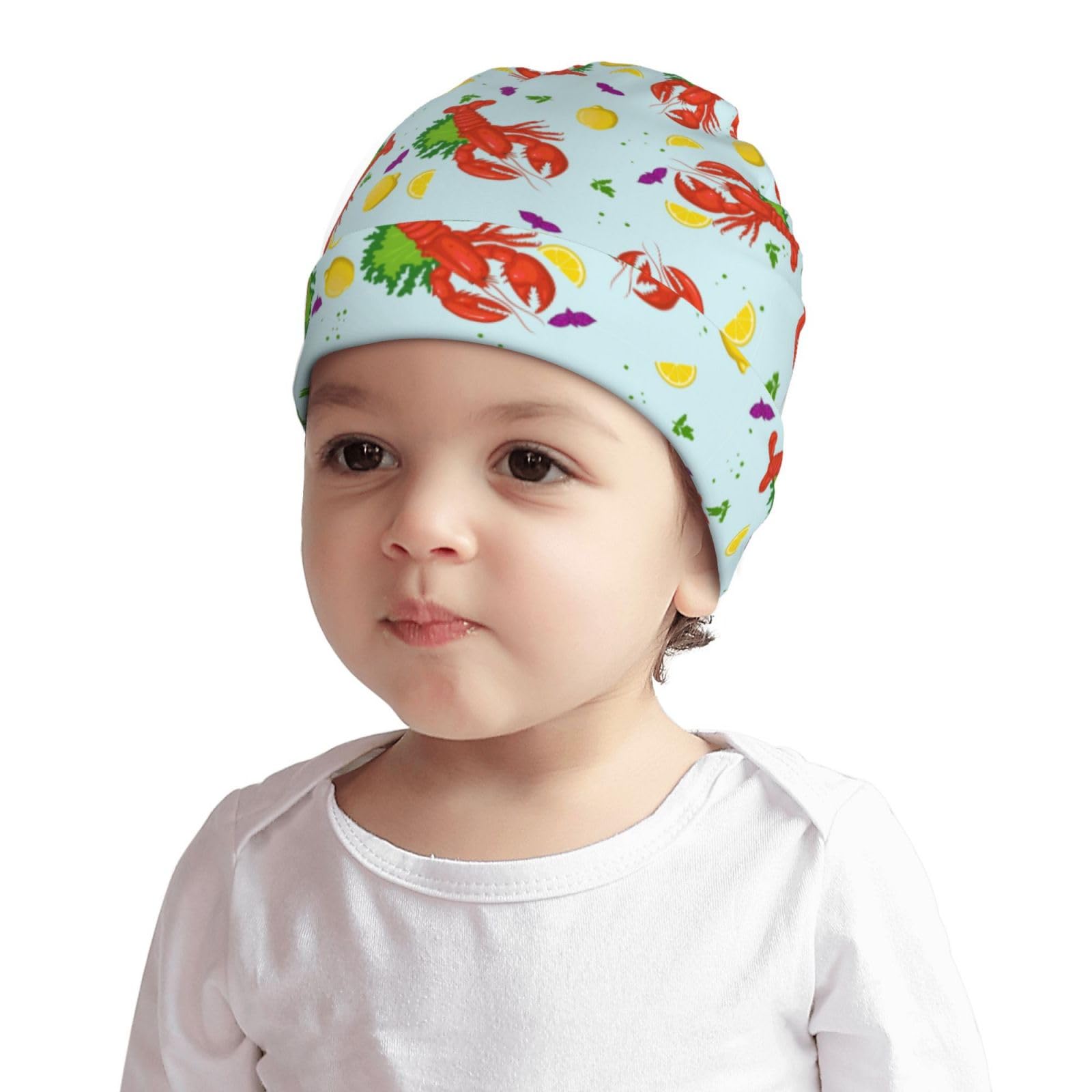 Cartoon Red Lobster and Lemon Print Kids Beanie Hats Warm Knit Beanie Cap Skull Caps Gifts Decor for Boys Girls