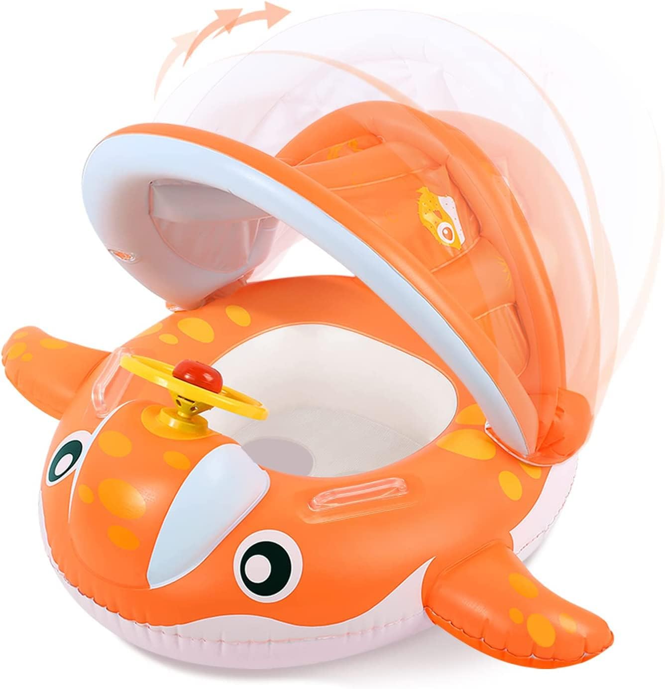 Peradix Inflatable Baby Pool Float Swimming Ring Baby Seat Boat Yacht with Sunshade for Age 6-36 months Toddler Children(With Repaire Patch)