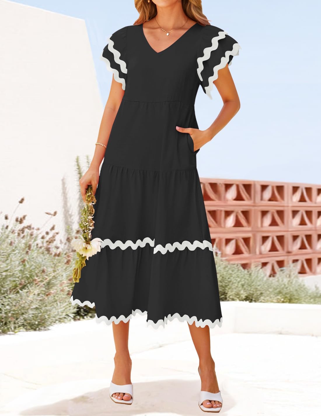 ZESICA Womens 2026 Summer Casual Midi Dresses V Neck Flutter Short Sleeve Ruffle Tiered A Line Flowy Beach Long Dress - Image 7