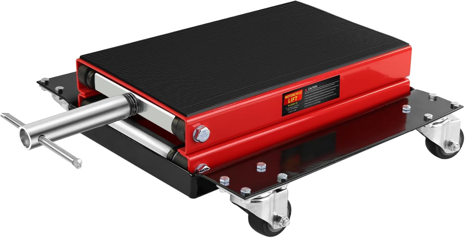 Motorcycle Scissor Jack Lift W/Dolly Tray,Motorcycle Lift Wide Deck 1100 LBS,Center Hoist Crank Stand for Motorcycles, ATVs, Dirt Bikes