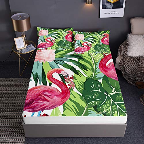 Surwin Feuilles de Fleurs de Flamant Rose Drap Housse, Lot Drap Housse -1 Draps Housses et 2 Taies d'oreillers, pour Matelas 30 cm (Flamant Rose,120x200+30cm)