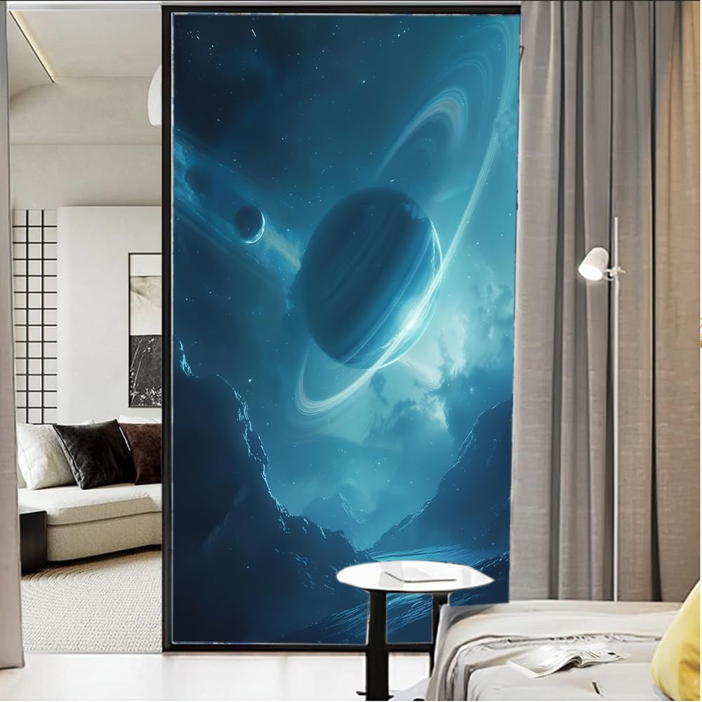 Retro Space Sichtschutzfolie für Fenster, statisch haftend, rustikale Planeten, Landschaft, Milchglas, Wärmeregulierung, Abdeckungen für Badezimmer, Wohnzimmer, 90 x 160 cm