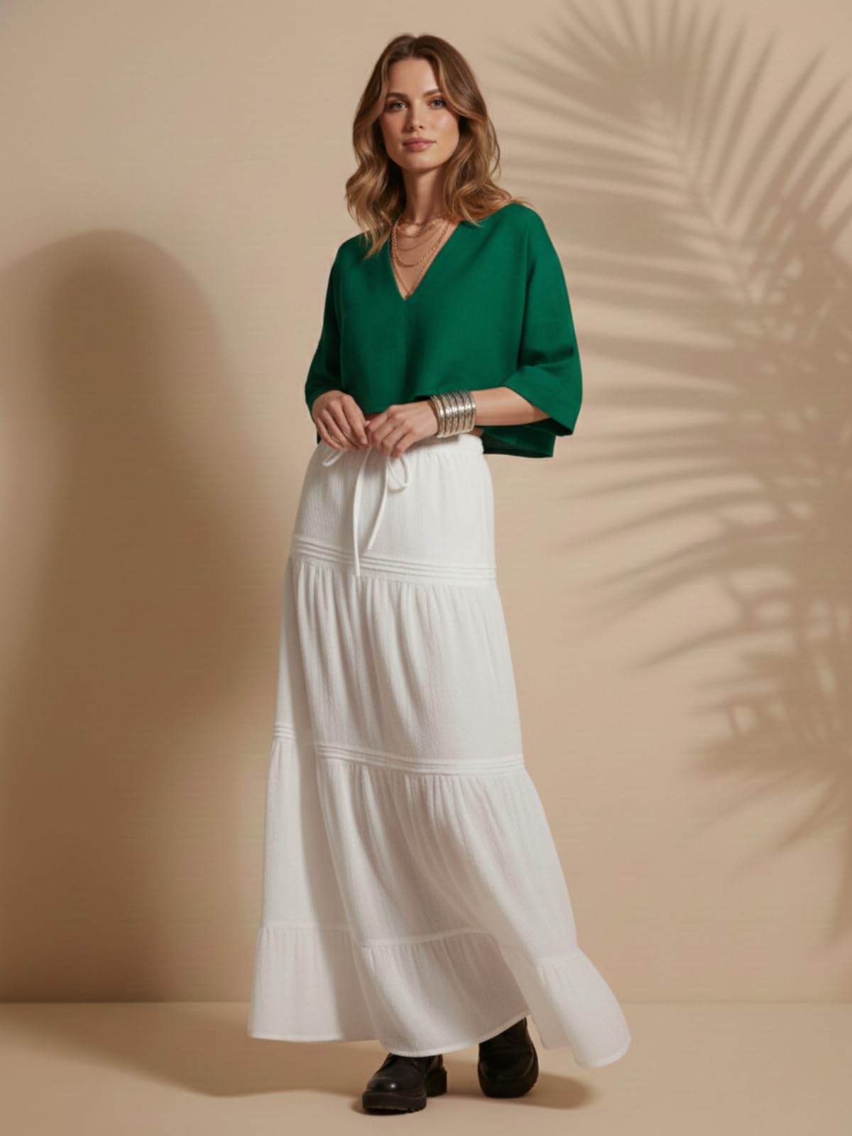 GRECIILOOKS Maxi gonna estiva da donna in misto poliestere con orlo a volant | gonna lunga a vita alta | gonna fluida a trapezio tinta unita per tutte le occasioni | elegante stile boho