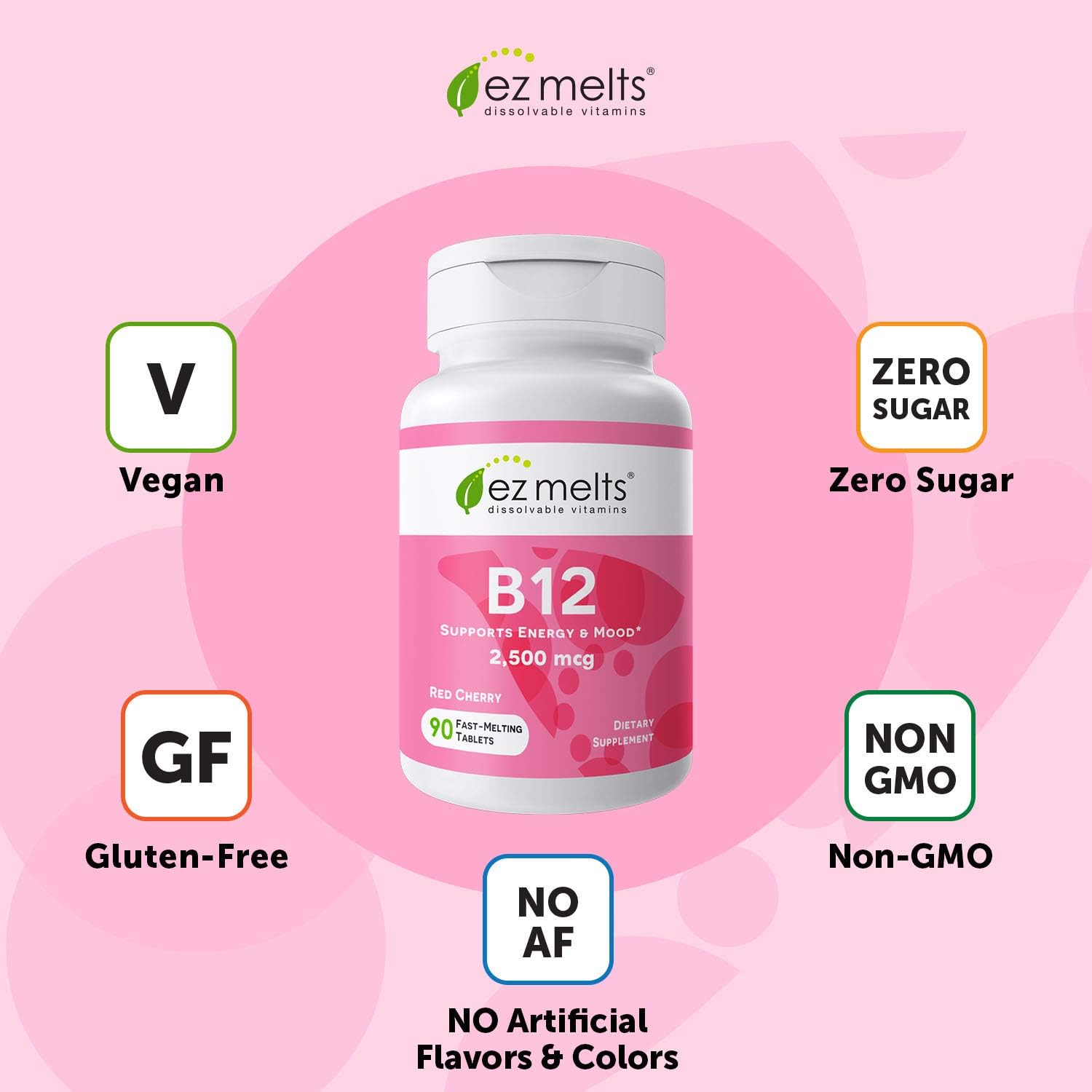 EZ Melts B12 as Methylcobalamin, 2,500 mcg, Sublingual Vitamins, Vegan, Zero Sugar, Natural Cherry Flavor, 90 Fast Dissolve Tablets : Health & Household