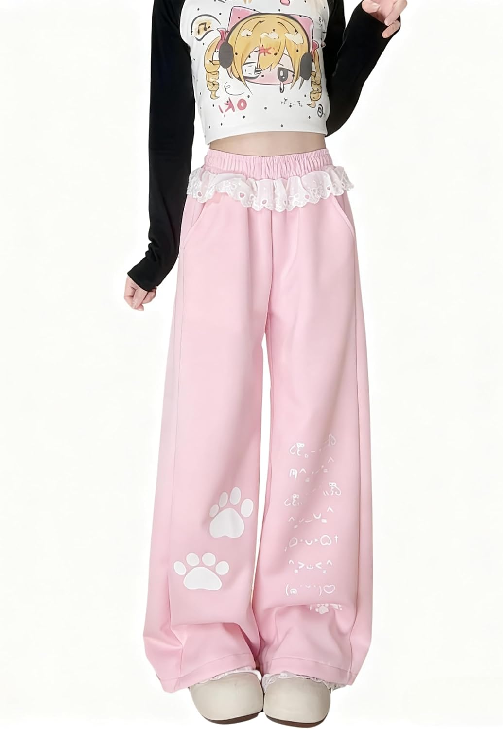 Women's Kawaii Harajuku Wide Leg Sweatpants Coquette Aesthetic Lace Trim Baggy Joggers Y2K Fairycore Loungewear