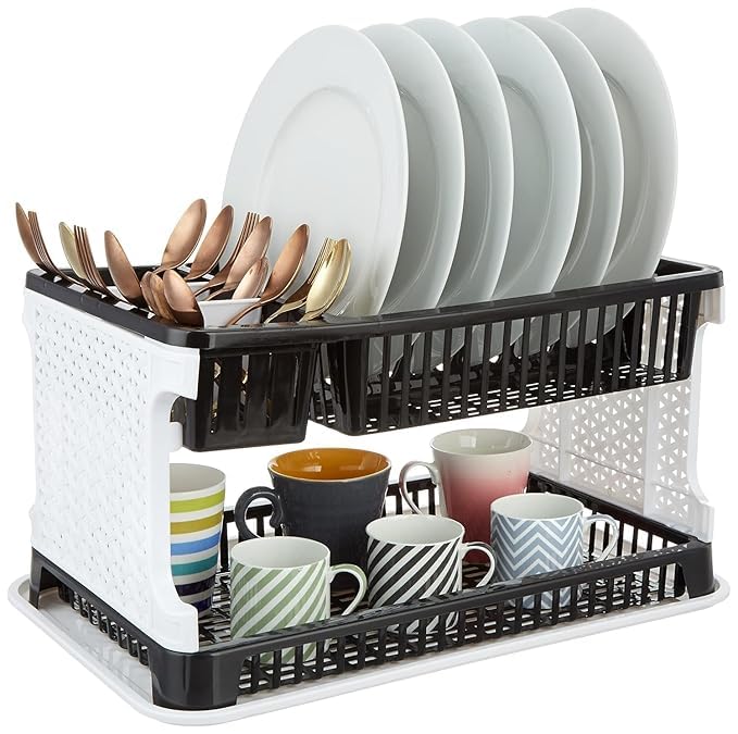 Image of HomeWiz Large 2 Tier Plastic Dish Drying Rack | Double Deck Utensil Rack with Cutlery Holder & Drainage | 50 KG + Weight Capacity | Heavy Duty Rust-Free BPA-Free Kitchen Drying Stand | 47 x 29 x 27cm