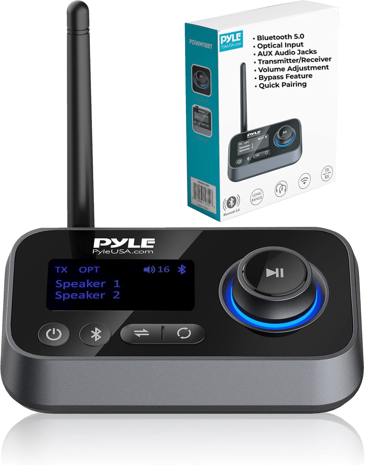 Pyle Wireless Bluetooth Transmitter Receiver - Audio Transmitting Box for TV Home Stereo, LCD Display, Optical, and AUX Audio Jacks, Bluetooth Version: 5.0