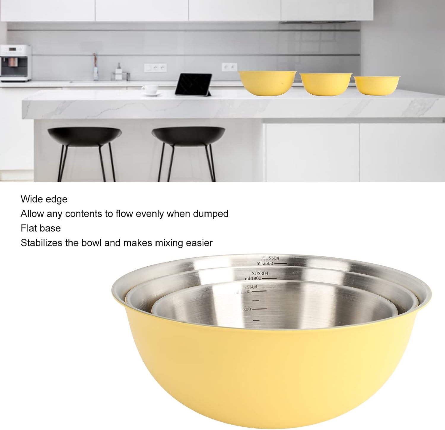 3Pcs Stainless Steel Mixing Bowl Set, Food Storage Organizers Mixing Bowl with Scale Nesting Bowls for Kitchen Salad Basin Baking Refrigerator Oven Safe Kitchen Mixing Bowls (Yellow)