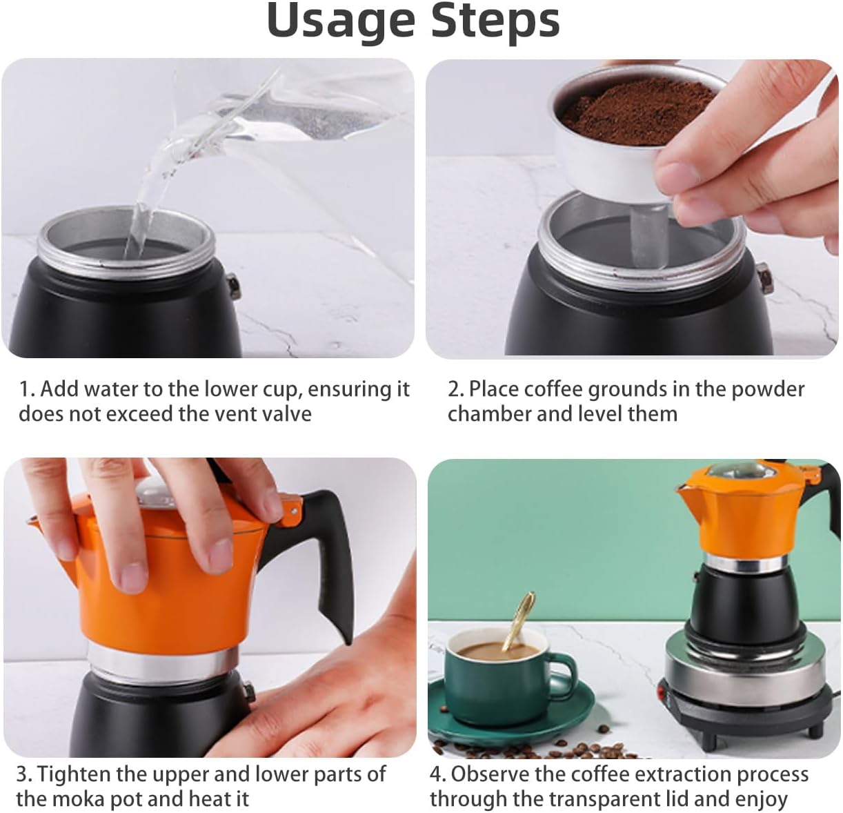 6 Cups Moka Pot with Transparent Glass Lid, 300ml Aluminum Stovetop Espresso Maker, Classic Stovetop Espresso and Coffee Maker for Home, Kitchen, Camping, Travel (Orange & Black, 6 Cups)