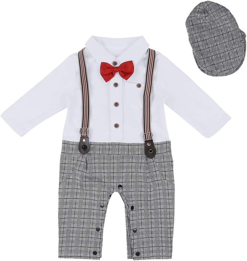 Hopscotch Baby Boys Cotton Suspender Style Bow Applique Romper in Gray Color for Ages 0-3 Months (SN-2002278)