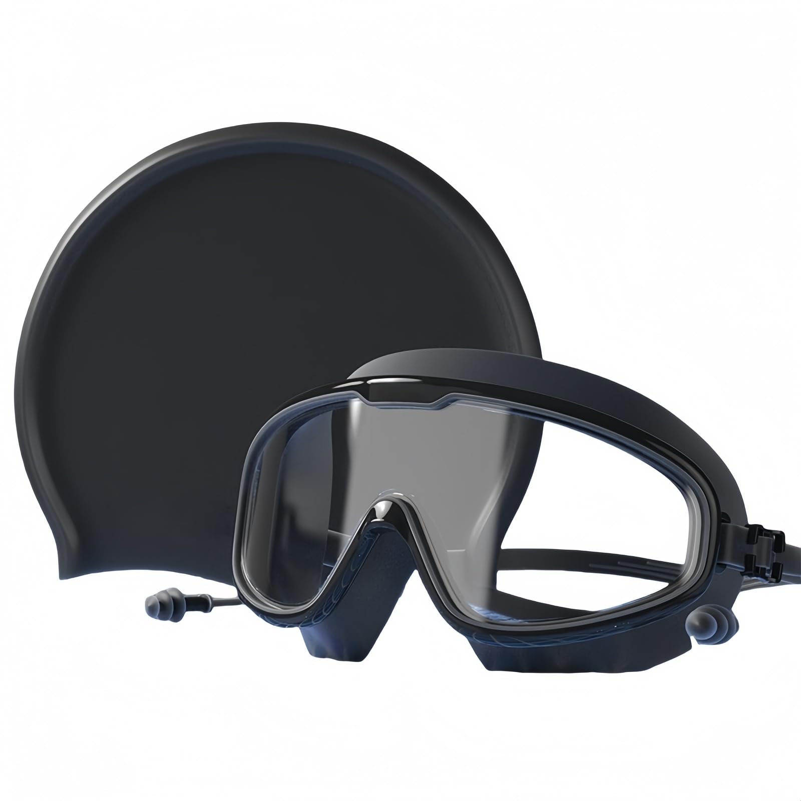Yuziwi Swimming Goggles with Dioptres (0 to -7.0) & Swimming Cap Set - Anti-Fog, Wide Vision, Integrated Earplugs, Comfortable for Men and Women (Black Swimming Cap, -2.5)