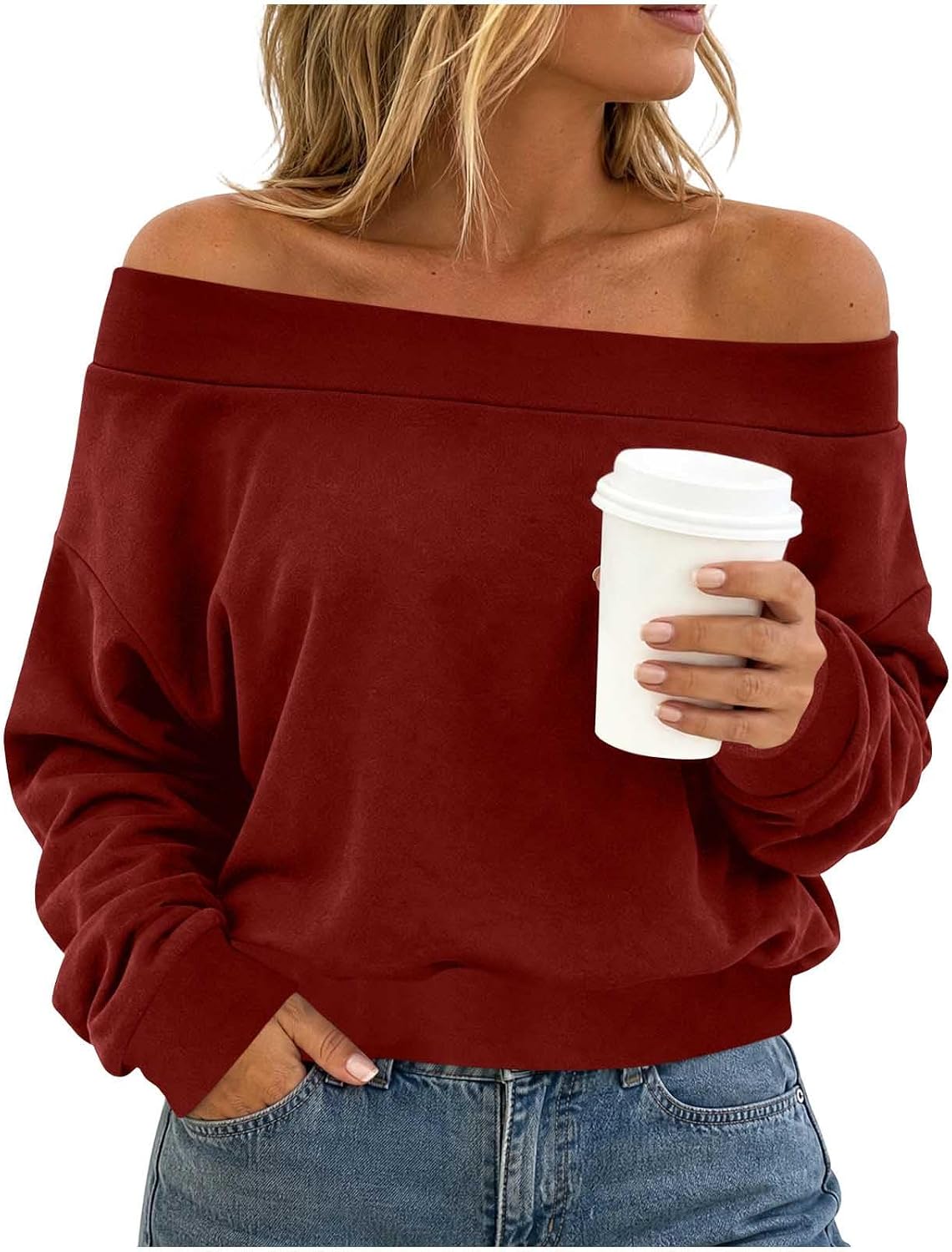 Women's Off Shoulder Sweatshirt Long Sleeve Loose Fit Comfy Pullover Top Y2K Fall Winter Fashion Cropped Shirts