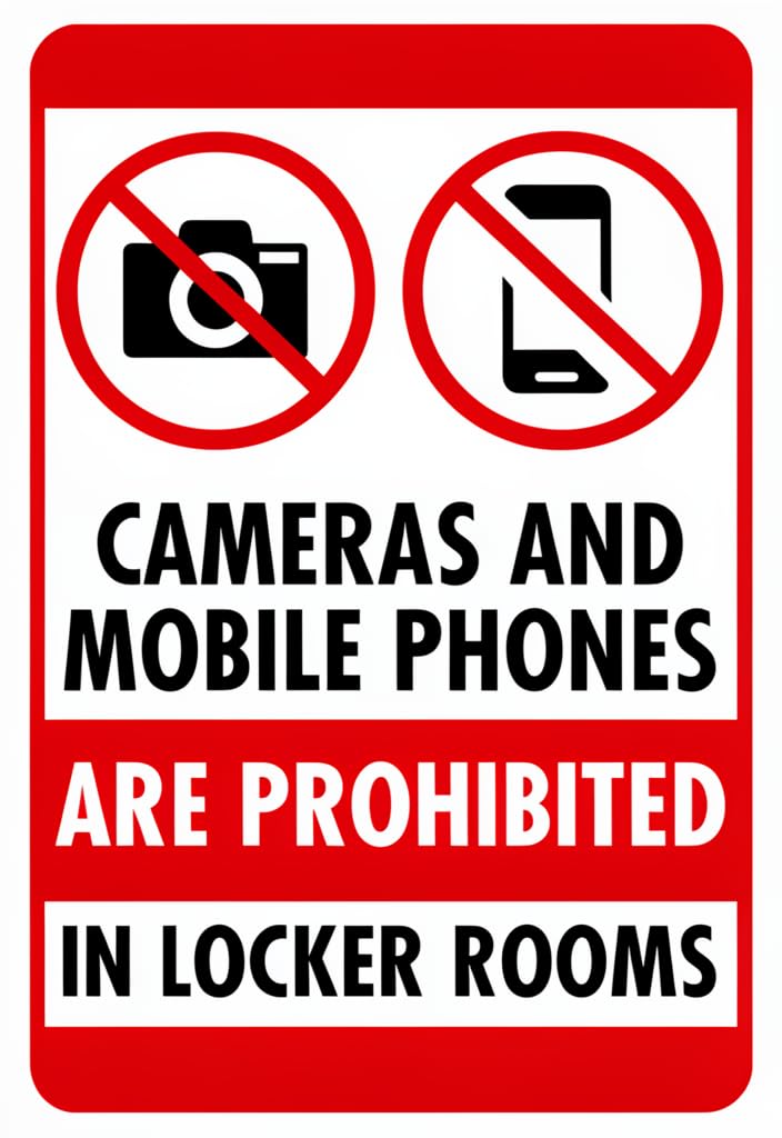 peiyeety 12x8 Inch Tin Sign Cameras and Mobile Phones Are Prohibited in Locker Rooms Privacy Notice Metal Wall Decor, Red/White Warning Sign for Gym, Pool, School, Workplace, Facility Rules