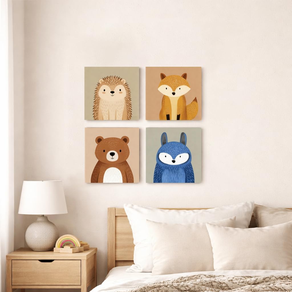 Artiluxy Forest Animal Canvas Wall Art Set of 4, 12x12 Inch Woodland Nursery Wall Decor, Cute Bear Deer Fox Bunny Hedgehog Prints for Kids Room, Baby Nursery & Playroom (Brown)