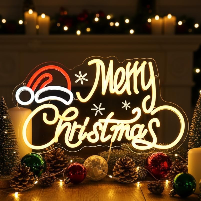 Image of Neon Sign with Santa Hat, 16x9 In Xmas Led Neon Sign USB Powered Merry Christmas Neon Light Up Sign for Home Wall Decor Kids New Year Party Backdrop