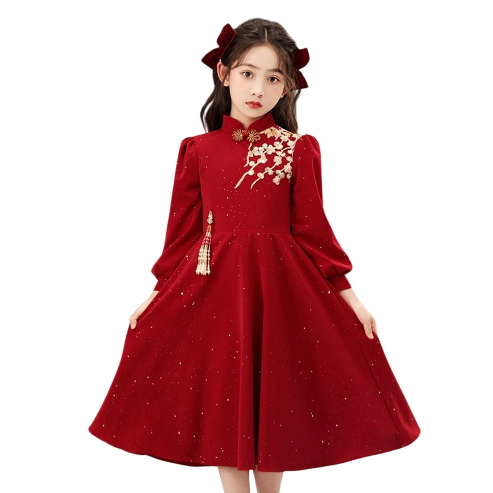 Vestito da festa per ragazze a maniche lunghe una linea Swing Dress cinese tradizionale Qipao festa di compleanno Capodanno Cheongsam carino festival abiti