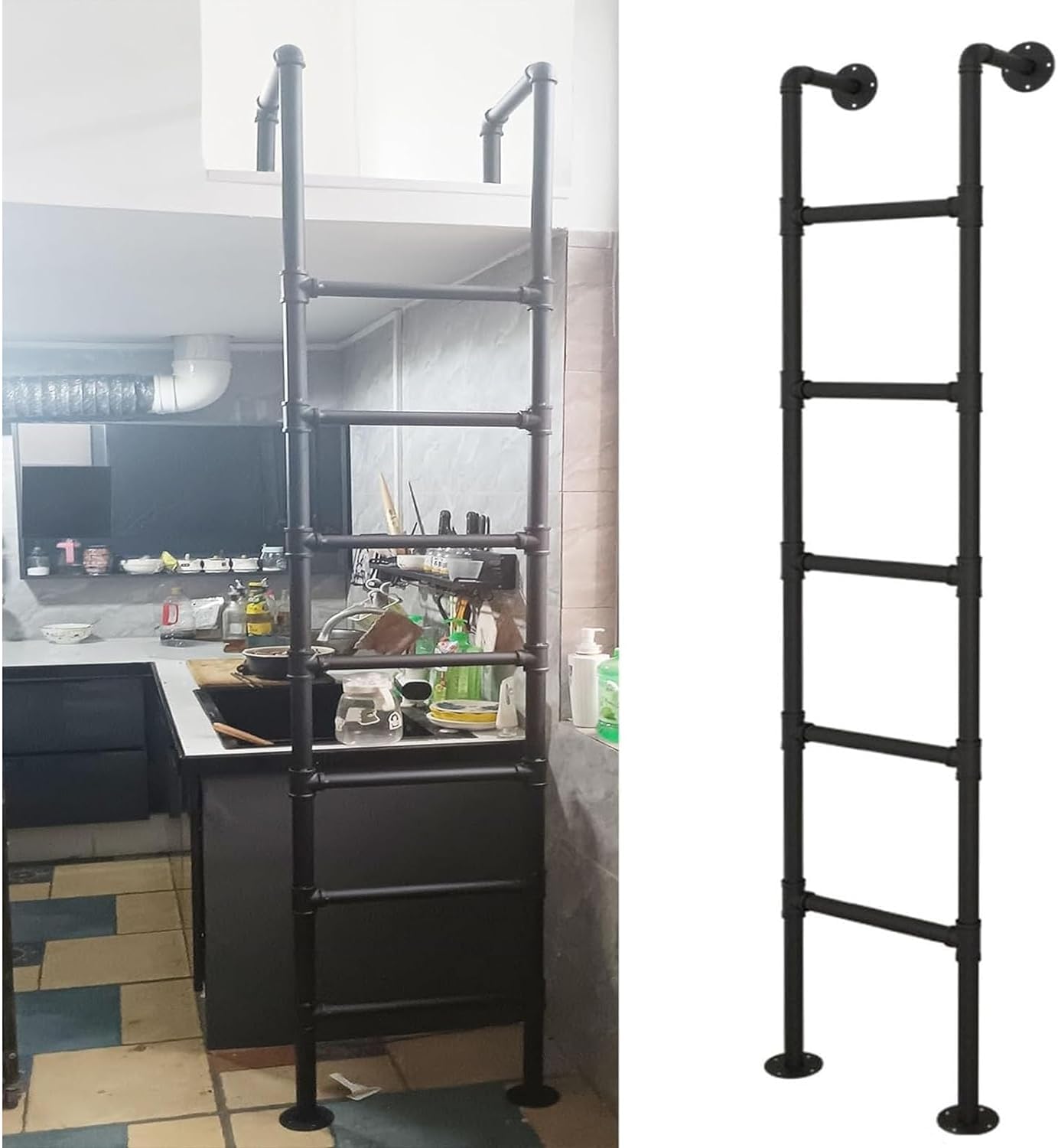 Escalera de Pared Robusta de Hierro Forjado Negro para casa, ático, Medidas de protección contra Incendios de Emergencia, Techo Exterior/Garaje, buhardilla, como Accesorio para literas