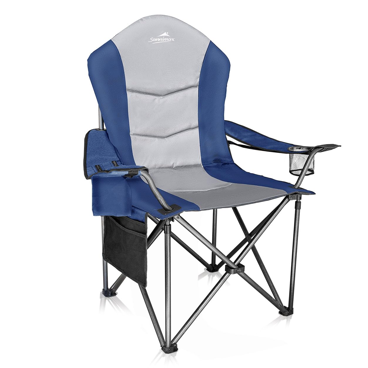 Fully Padded Camping Chair, Oversized Heavy Duty Lawn Chair with Cooler Bag,Side Pocket,Cup Holder Support 400 lbs (Blue & Grey, Single Pack)