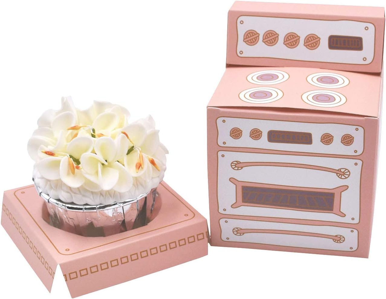 Zealax Pastel Pink Bun in the Oven Cupcake Boxes for Baby Shower Party Favor Boxes, Individual Bakery Paper Box Holder with Inserts, 10 Count