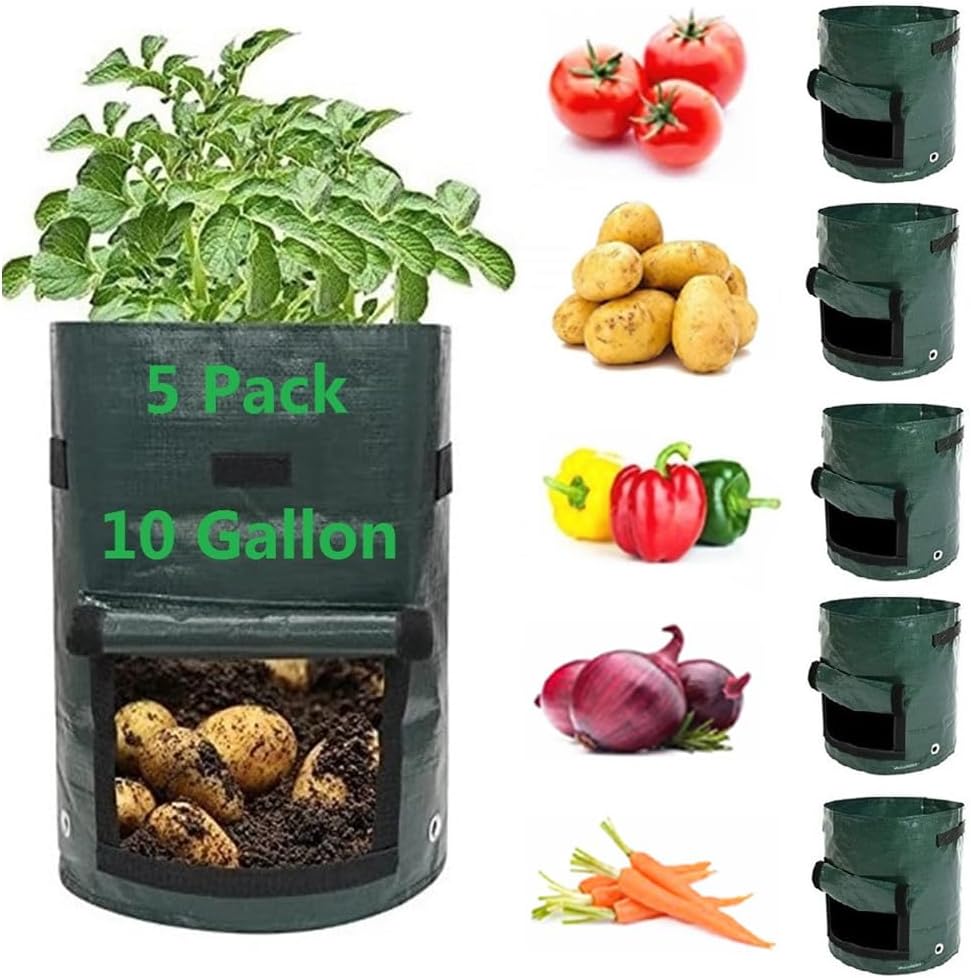 YOQXHY Potato Grow Bags 5 Pack 10 Gallon Garden Vegetables Planter with Handles and Access Flap for Planting Potato Carrot Onion Taro Radish Peanut,