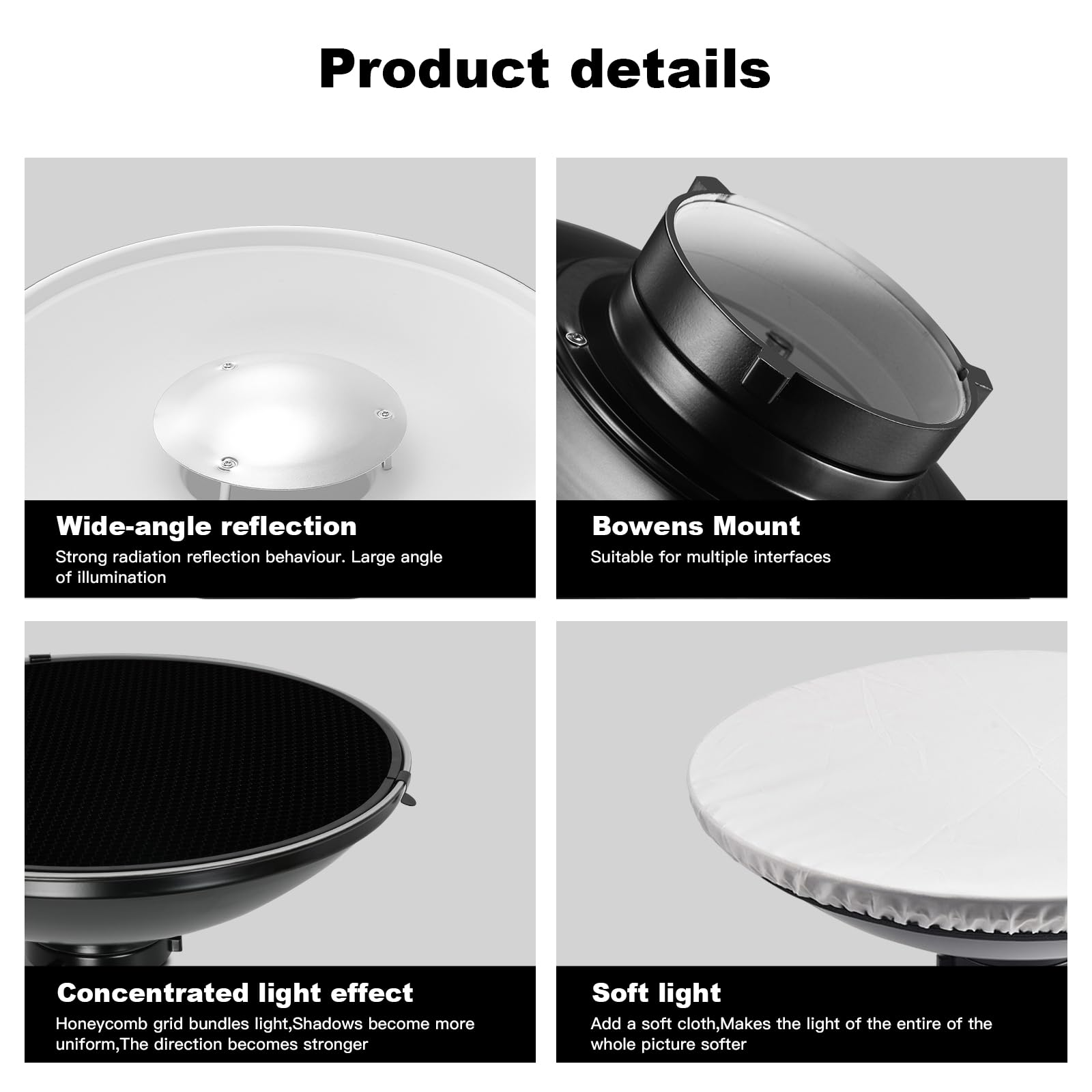 Soonpho Bol de beauté en métal 55 cm, réflecteur Bowens avec grille en nid d'abeille noir, diffuseur blanc et sac de rangement, réflecteur stroboscopique pour studio photo compatible avec NEEWER Godox