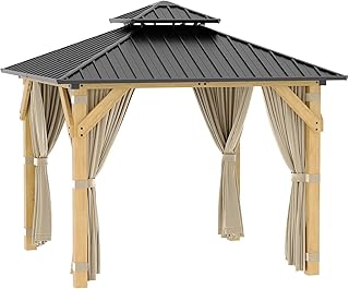 10 * 12FT Hardtop Gazebo Outdoor Wood Gazebo Canopy Shelter with 4-Post Wooden, Netting & Curtains Double-Top Design for Patio Backyard Garden Wedding Party