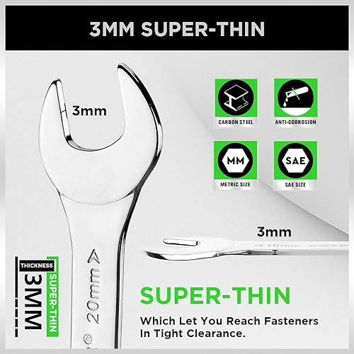 Miniatura 5 de SWANLAKE - Juego de 19 llaves de extremo abierto superfinas con bolsa rodante, acero al carbono SAE y métrico, 14 a 1-116 pulgadas y 0.217 in a