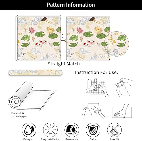 Miniatura 7 de Papel tapiz de 18 x 236 pulgadas, diseño de grúa asiática, flor de loto, papel de contacto fácil de despegar, vinilo vintage, autoadhesivo,