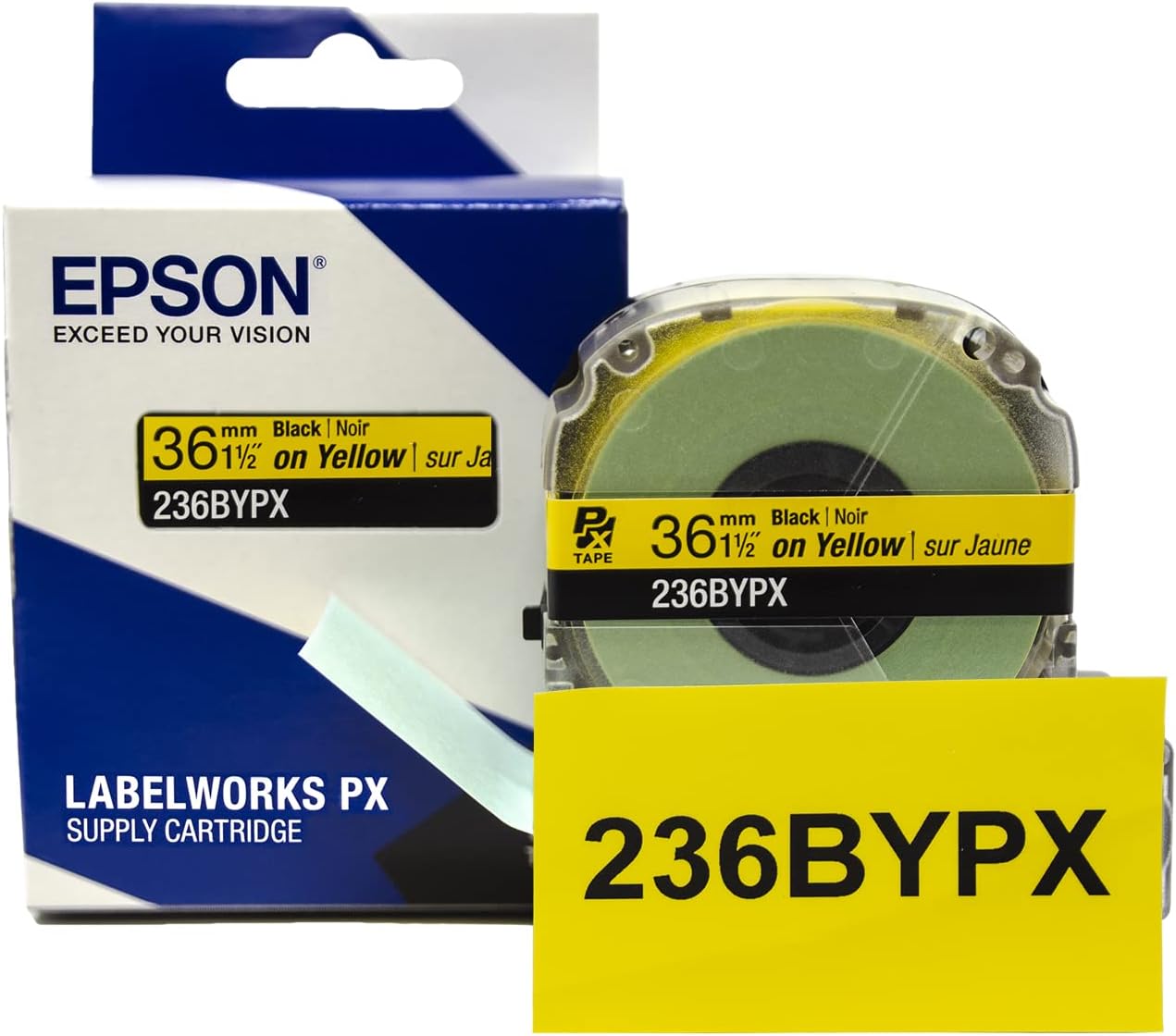 Epson LABELWORKS 236BYPX PET (Polyester) Tape Cartridge - Black on Yellow Label Maker Tape - 1.5" (36MM) Wide, 30'