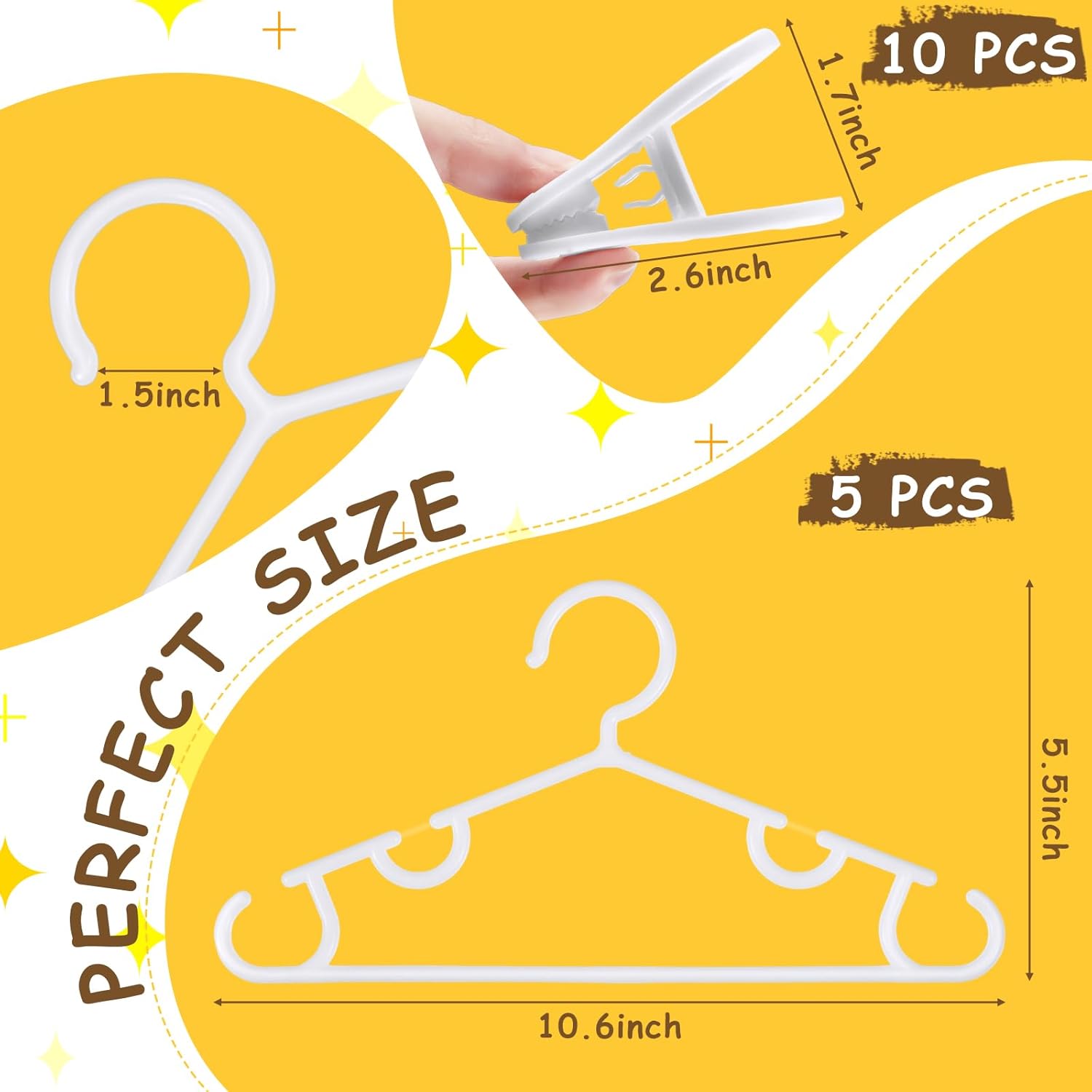 Hsei 5/10/40 Pack Baby Hangers with 10/20/80 Clips, Plastic Kids Pants Hangers for Nursery Closet Top and Bottom Clothes Hanger Set for Newborn Infant Toddler(15 Packs Total,White,10.6 Inch) - Image 2