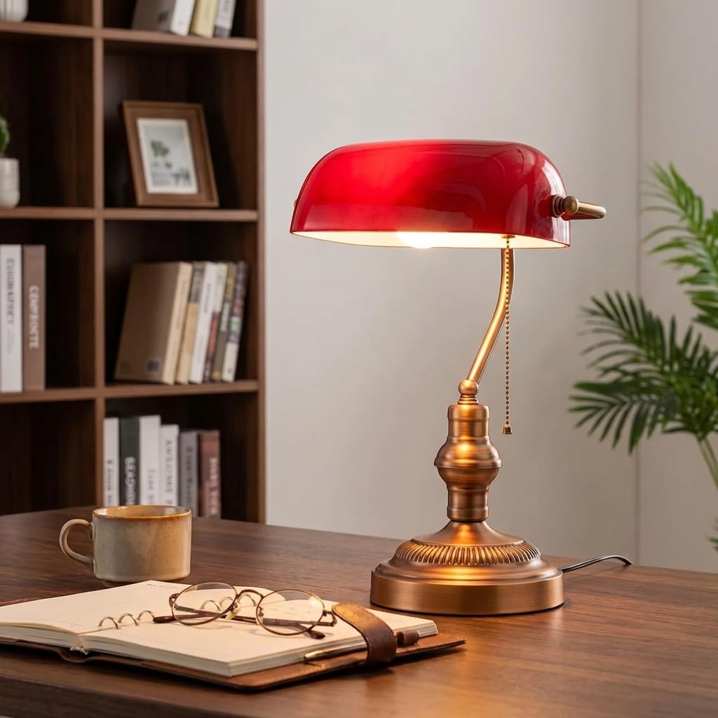 BARCELONA LED Lampada da Tavolo Banker Vintage E27 Paralume in Vetro Rosso Base Cromata Orientabile Luce da Scrivania Classica Stile Industriale Retrò Nordico Ufficio