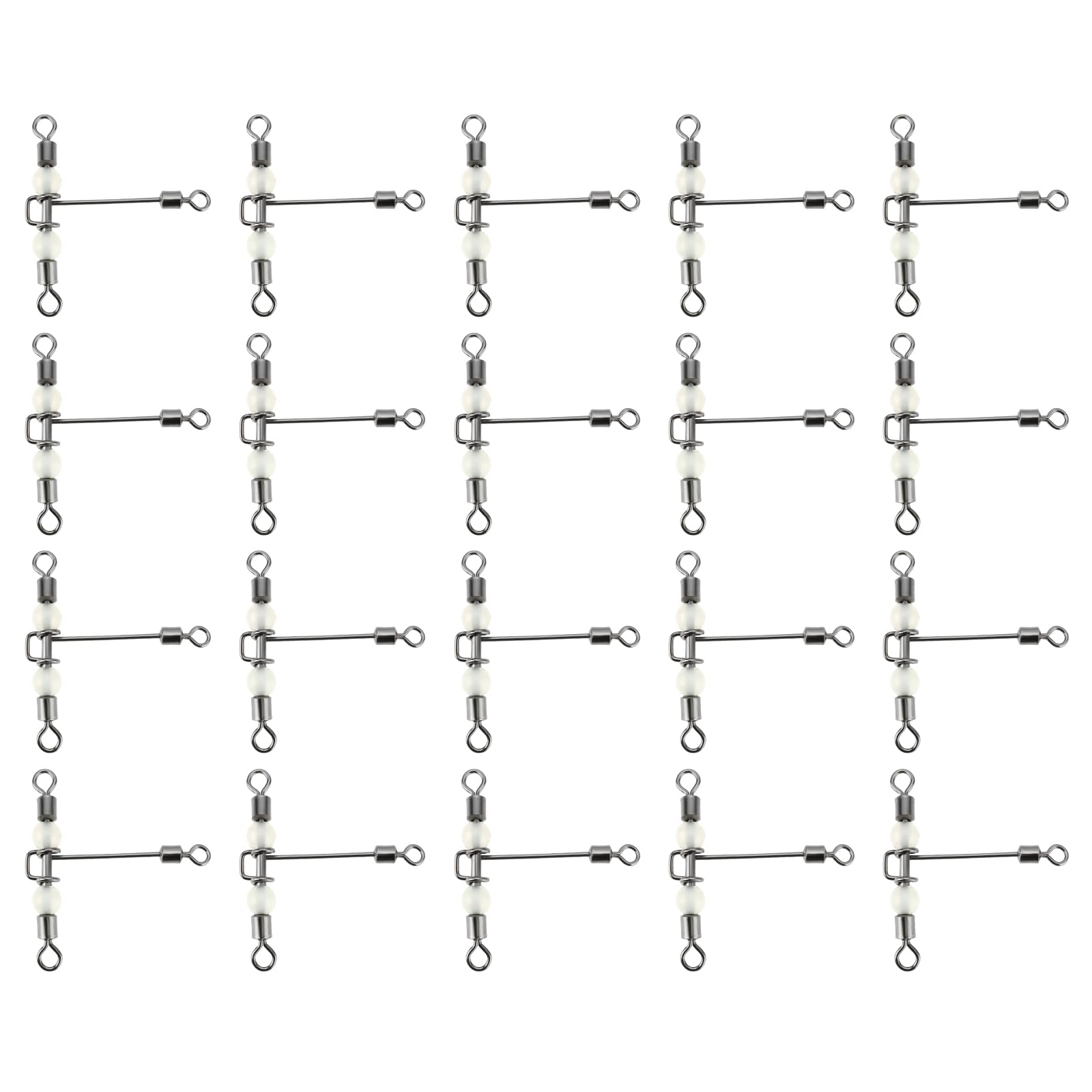 EMSea 20pcs 1/0x1# 45x40mm 95LBs Heavy Duty 3 Way Fishing Swivels Luminous Triple T-Barrel Cross Line Swivels with Pear Beads for Saltwater Freshwater Tackle